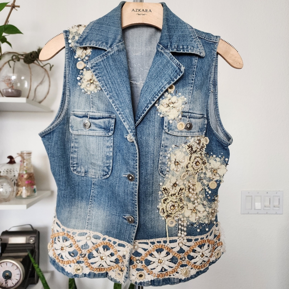 Embellished Denim Vest with Floral Accents